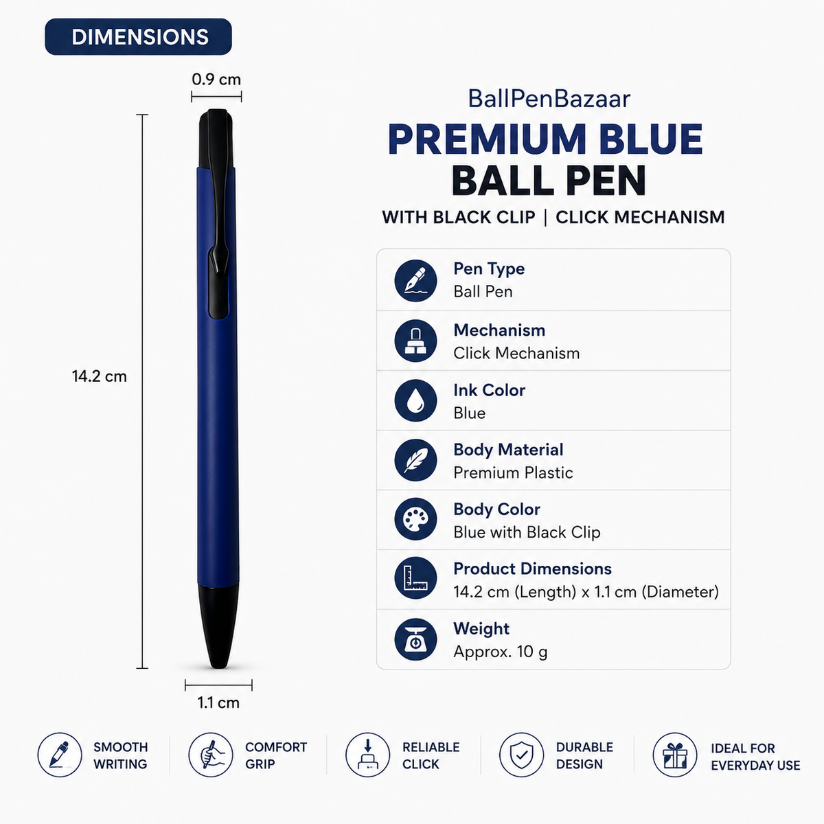 Ballpen Bazaar  Ballpen Bazaar Matt Blue Colour Body with Black Colour Clip Click Mechanism Ball Pen with 1 Extra Blue Refill | Smooth Blue Ink | 1 Pc with Name Engraving