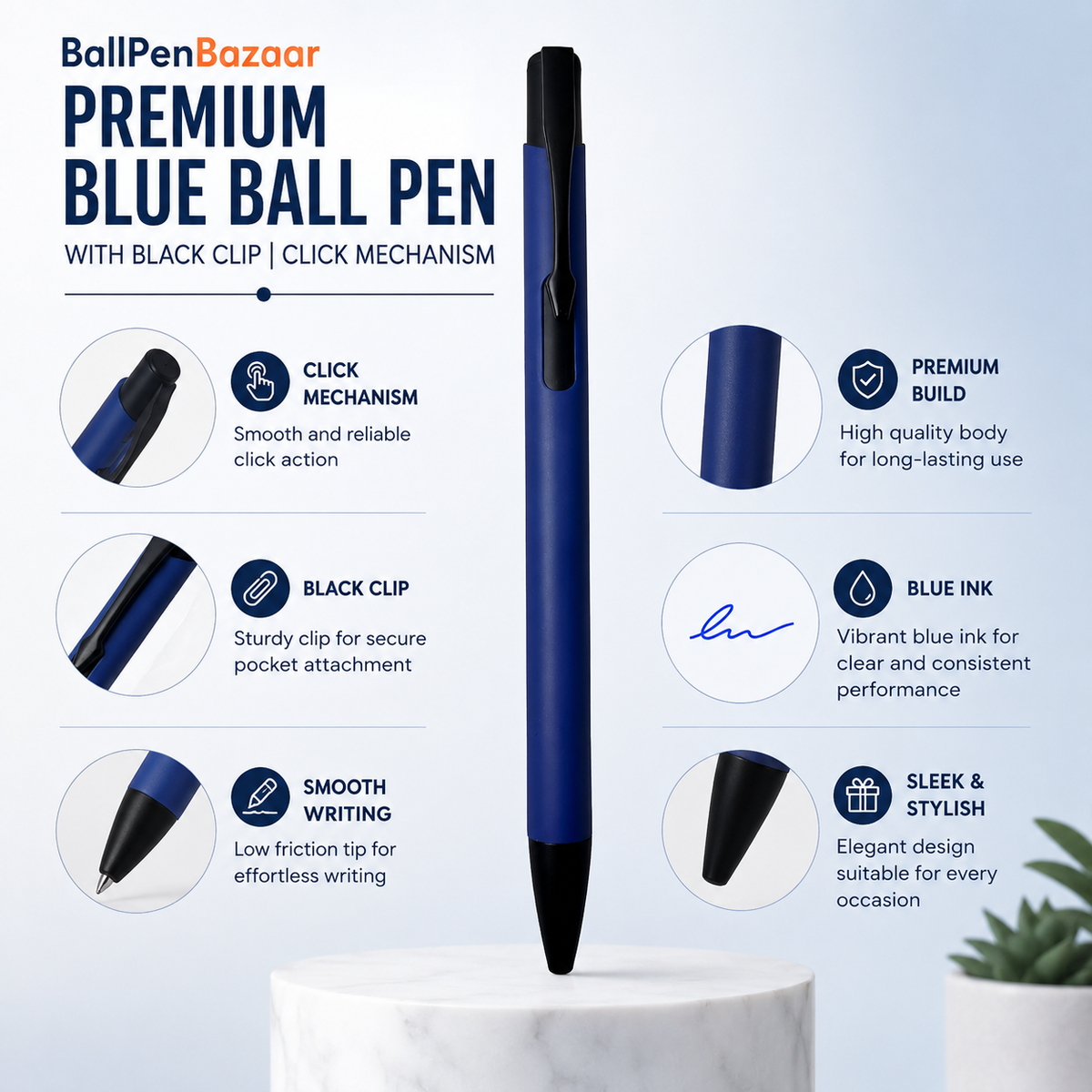 Ballpen Bazaar  Ballpen Bazaar Matt Blue Colour Body with Black Colour Clip Click Mechanism Ball Pen with 1 Extra Blue Refill | Smooth Blue Ink | 1 Pc with Name Engraving
