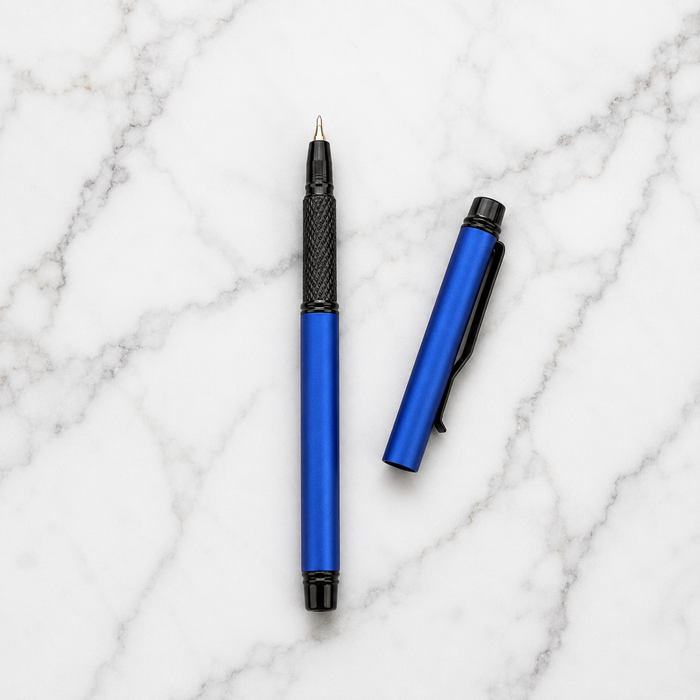 Ballpen Bazaar  Ballpen Bazaar Matt Blue Mini Metal Ball Pen with Matt Blue Cap and Glossy Black Clip | Openable Cap | Blue Ink | 1 Pen with 1 Extra Refill with Name Engraving