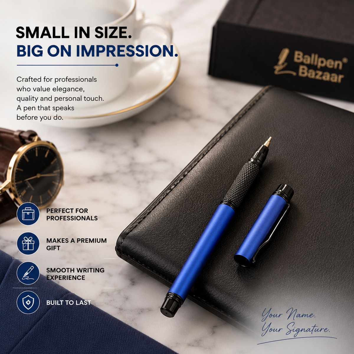 Ballpen Bazaar  Ballpen Bazaar Matt Blue Mini Metal Ball Pen with Matt Blue Cap and Glossy Black Clip | Openable Cap | Blue Ink | 1 Pen with 1 Extra Refill with Name Engraving