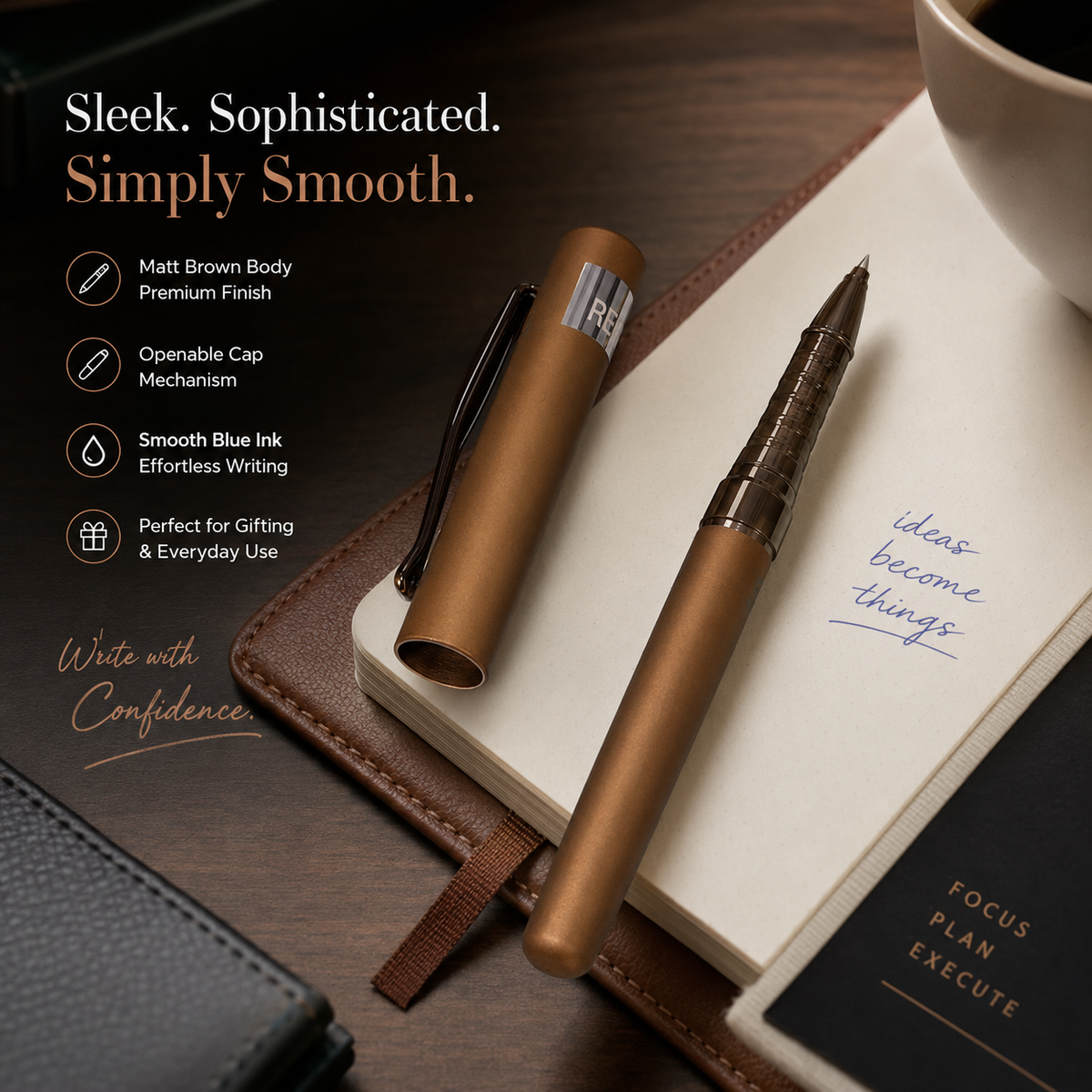 Ballpen Bazaar  Ballpen Bazaar Matt Brown Ball Pen with Brown Cap & Glossy Brown Clip | Openable Metal Pen | Blue Ink | 1 Pen + 1 Extra Refill with Name Engraving