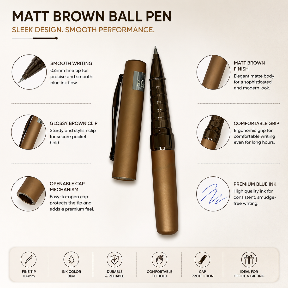 Ballpen Bazaar  Ballpen Bazaar Matt Brown Ball Pen with Brown Cap & Glossy Brown Clip | Openable Metal Pen | Blue Ink | 1 Pen + 1 Extra Refill with Name Engraving