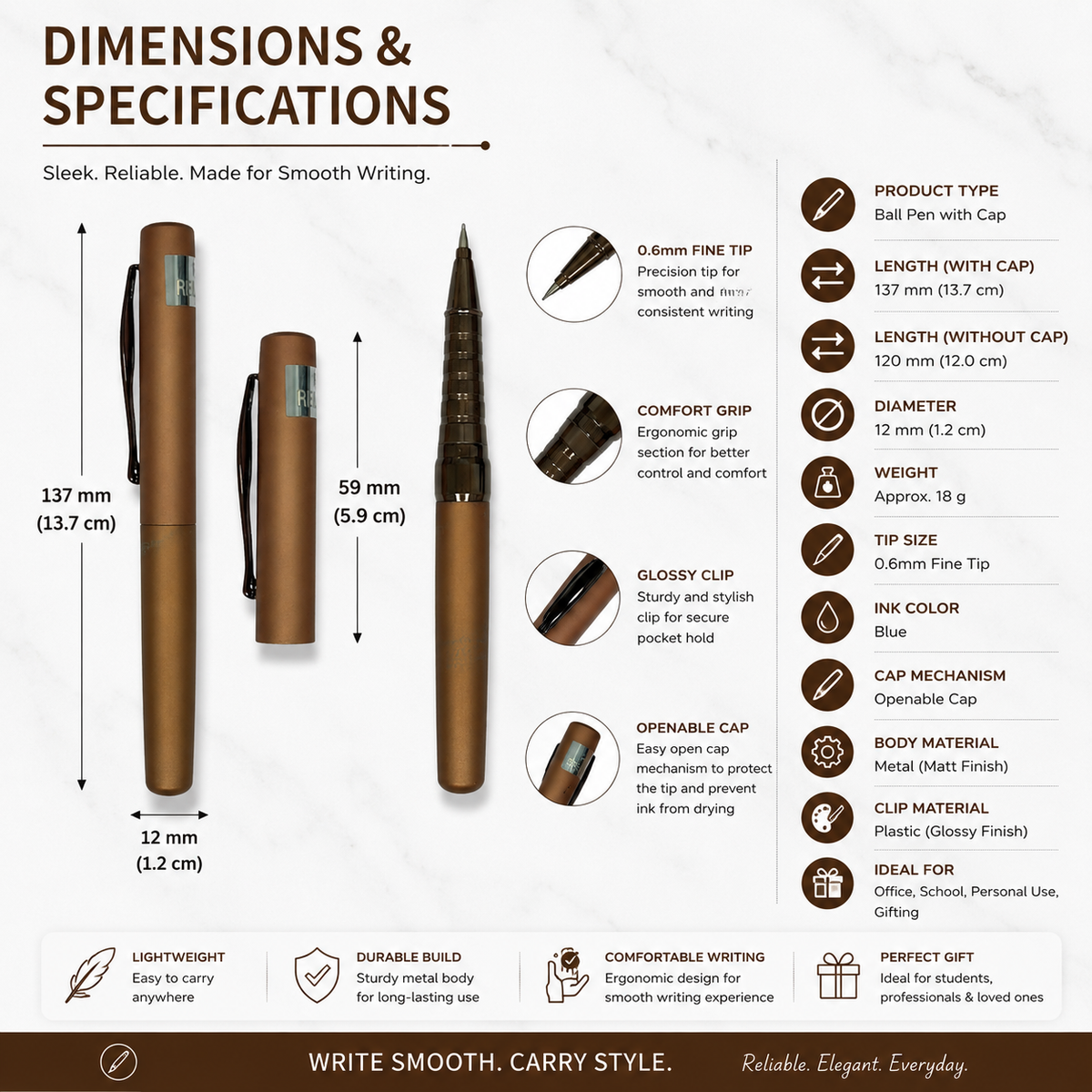 Ballpen Bazaar  Ballpen Bazaar Matt Brown Ball Pen with Brown Cap & Glossy Brown Clip | Openable Metal Pen | Blue Ink | 1 Pen + 1 Extra Refill with Name Engraving