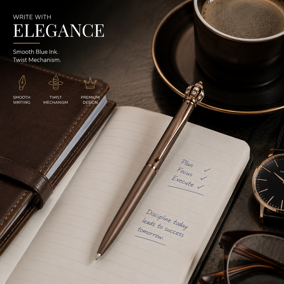 Ballpen Bazaar  Ballpen Bazaar Matt Brown Ball Pen with Brown Clip & Diamond Crown Top | Twist Mechanism | Blue Ink | Premium Metal Pen | 1 Pen with 1 Free Blue Refill with Name Engraving