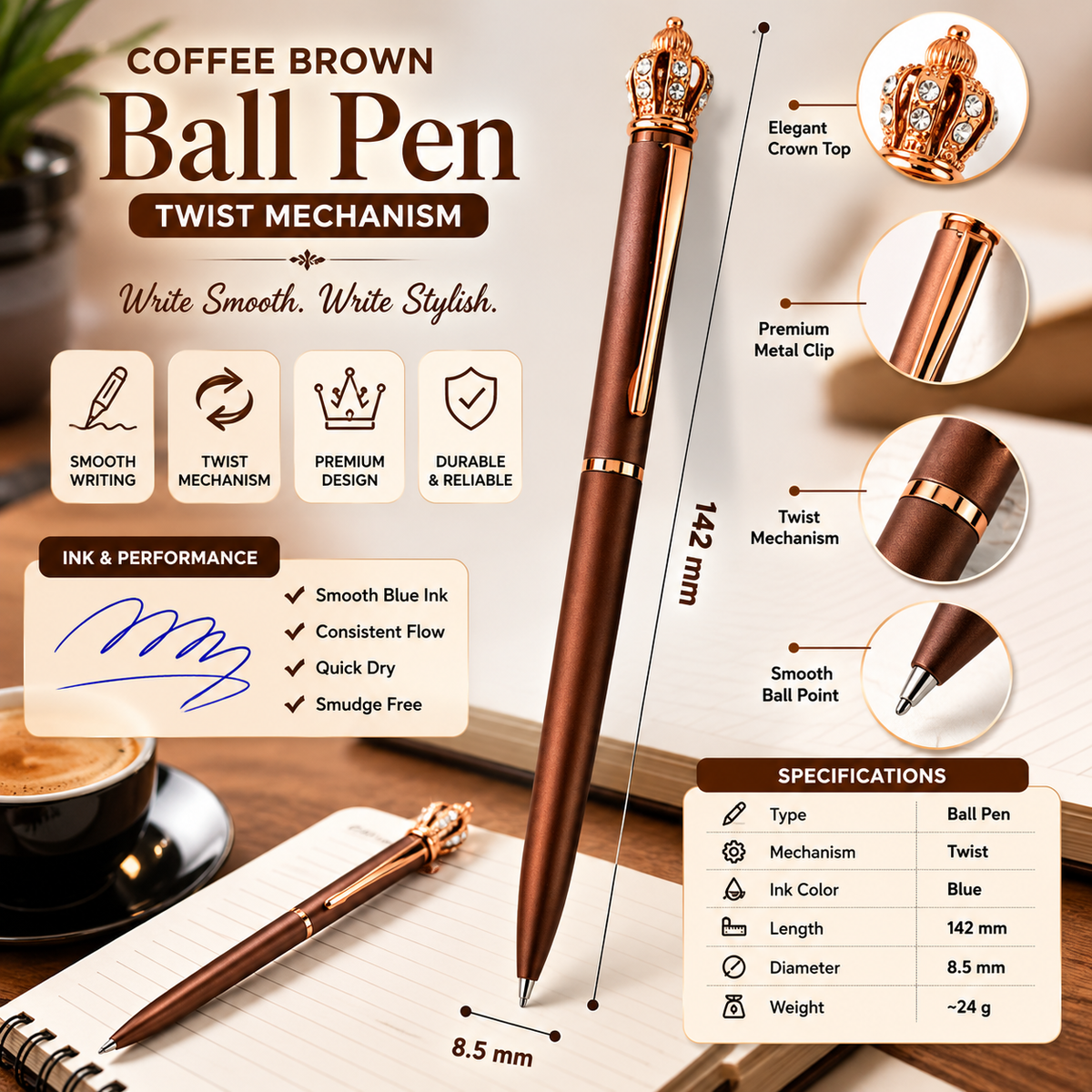 Ballpen Bazaar  Ballpen Bazaar Matt Brown Ball Pen with Brown Clip & Diamond Crown Top | Twist Mechanism | Blue Ink | Premium Metal Pen | 1 Pen with 1 Free Blue Refill with Name Engraving