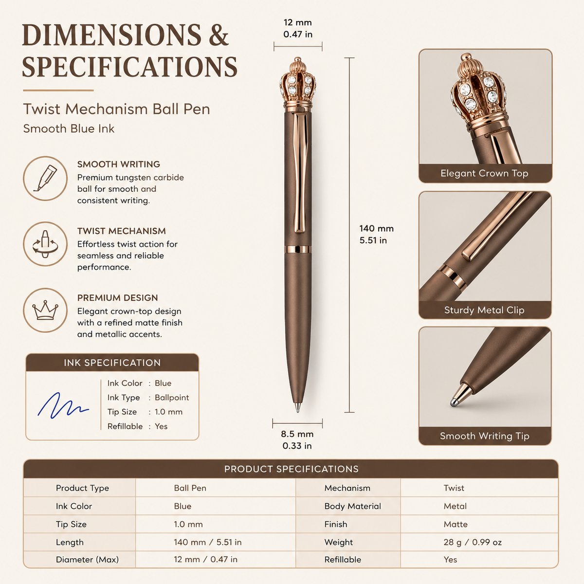 Ballpen Bazaar  Ballpen Bazaar Matt Brown Ball Pen with Brown Clip & Diamond Crown Top | Twist Mechanism | Blue Ink | Premium Metal Pen | 1 Pen with 1 Free Blue Refill with Name Engraving