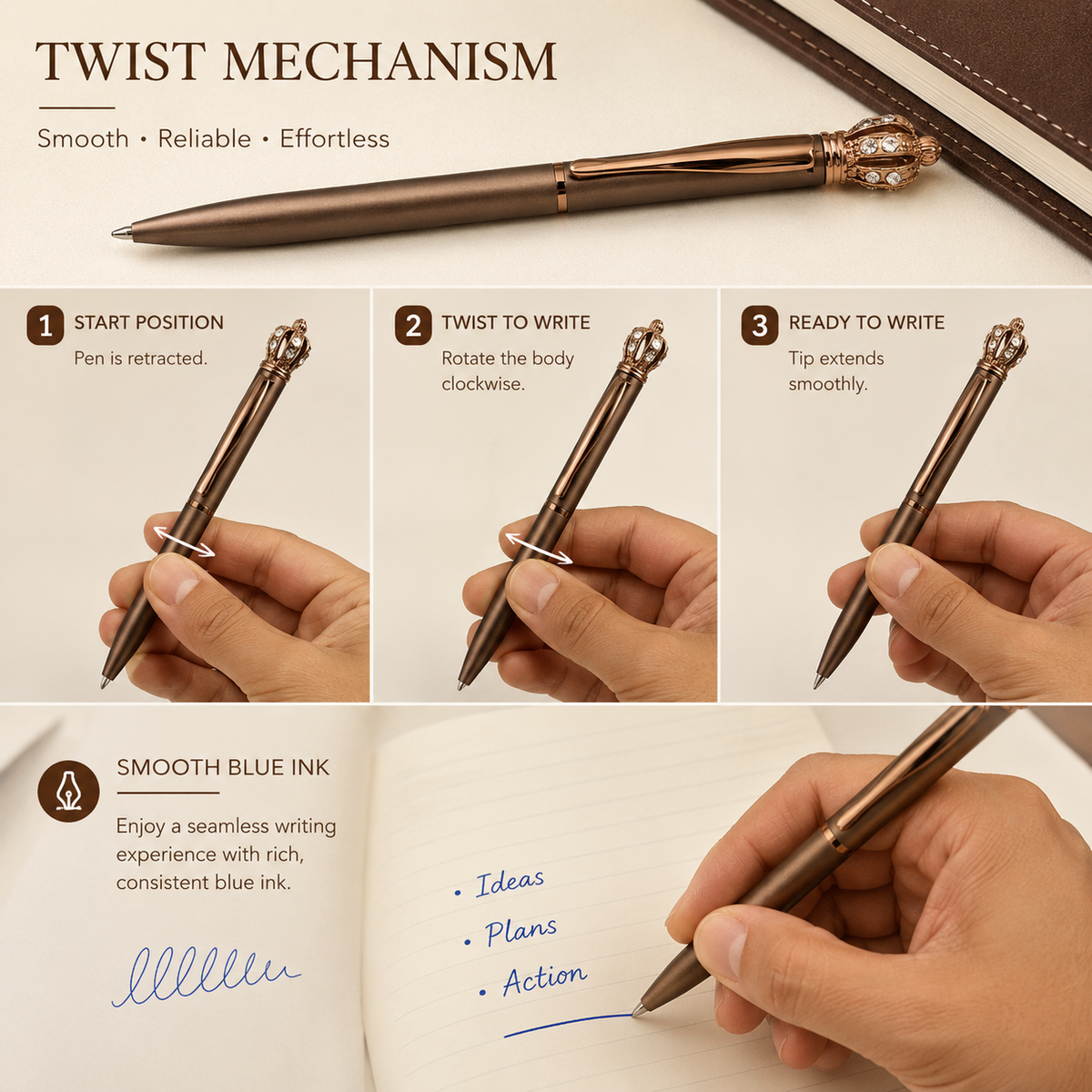 Ballpen Bazaar  Ballpen Bazaar Matt Brown Ball Pen with Brown Clip & Diamond Crown Top | Twist Mechanism | Blue Ink | Premium Metal Pen | 1 Pen with 1 Free Blue Refill with Name Engraving