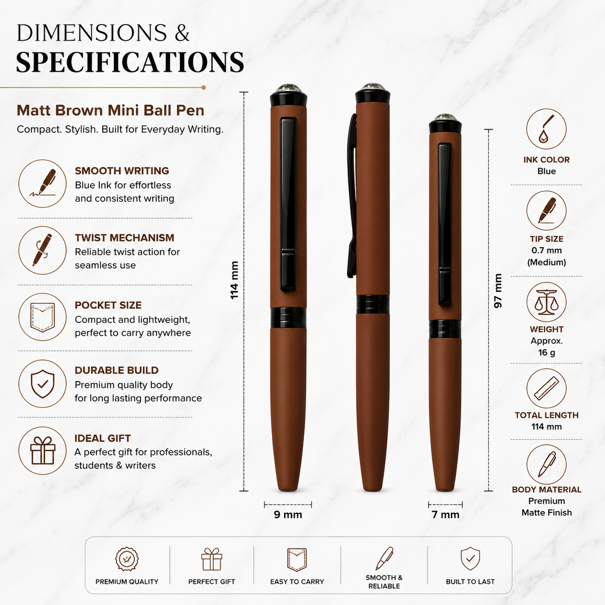 Ballpen Bazaar  Ballpen Bazaar Matt Brown Mini Ball Pen with Black Clip | Twist Mechanism | Blue Ink | Premium Metal Pocket Pen | 1 Pen with 1 Extra Blue Refill with Name Engraving