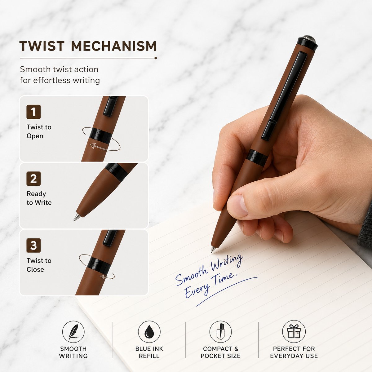 Ballpen Bazaar  Ballpen Bazaar Matt Brown Mini Ball Pen with Black Clip | Twist Mechanism | Blue Ink | Premium Metal Pocket Pen | 1 Pen with 1 Extra Blue Refill with Name Engraving
