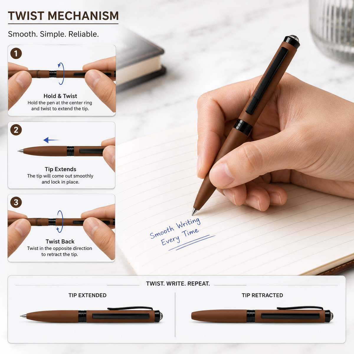 Ballpen Bazaar  Ballpen Bazaar Matt Brown Mini Ball Pen with Black Clip | Twist Mechanism | Blue Ink | Premium Metal Pocket Pen | 1 Pen with 1 Extra Blue Refill with Name Engraving