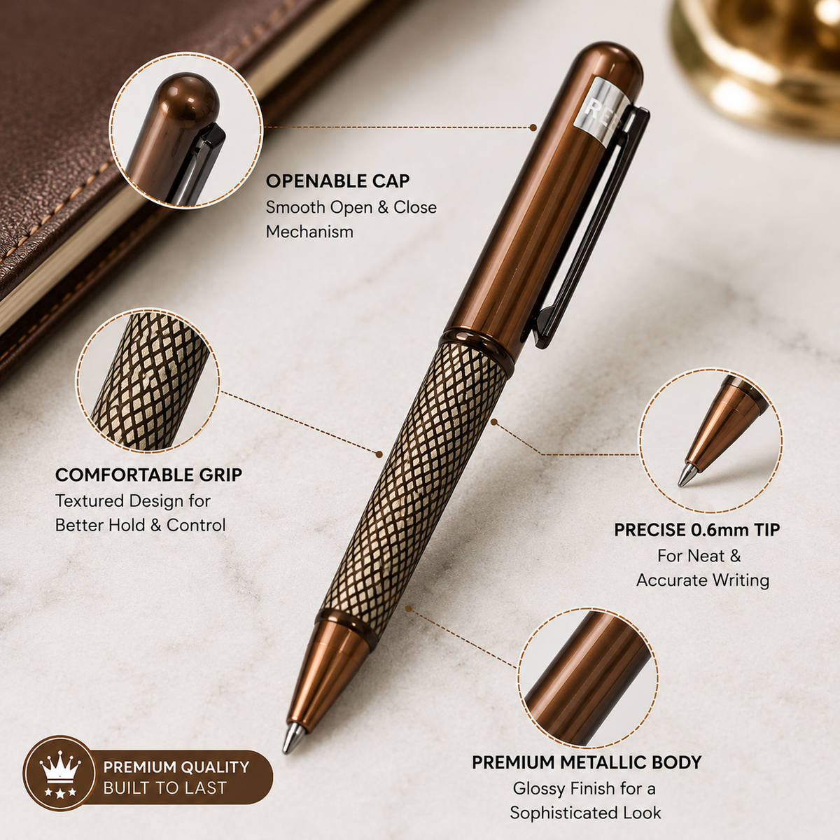 Ballpen Bazaar  Ballpen Bazaar Matt Coffee Ball Pen with Magnetic Cap, White Design, Black Ink, 1 Pen with Extra Refill with Name Engraving