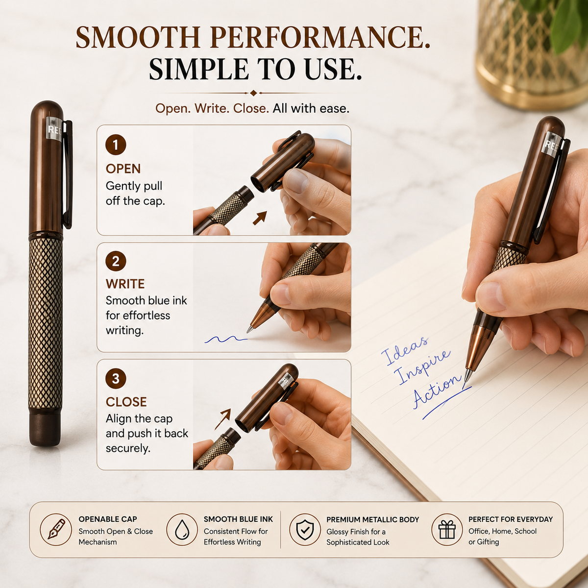 Ballpen Bazaar  Ballpen Bazaar Matt Coffee Ball Pen with Magnetic Cap, White Design, Black Ink, 1 Pen with Extra Refill with Name Engraving