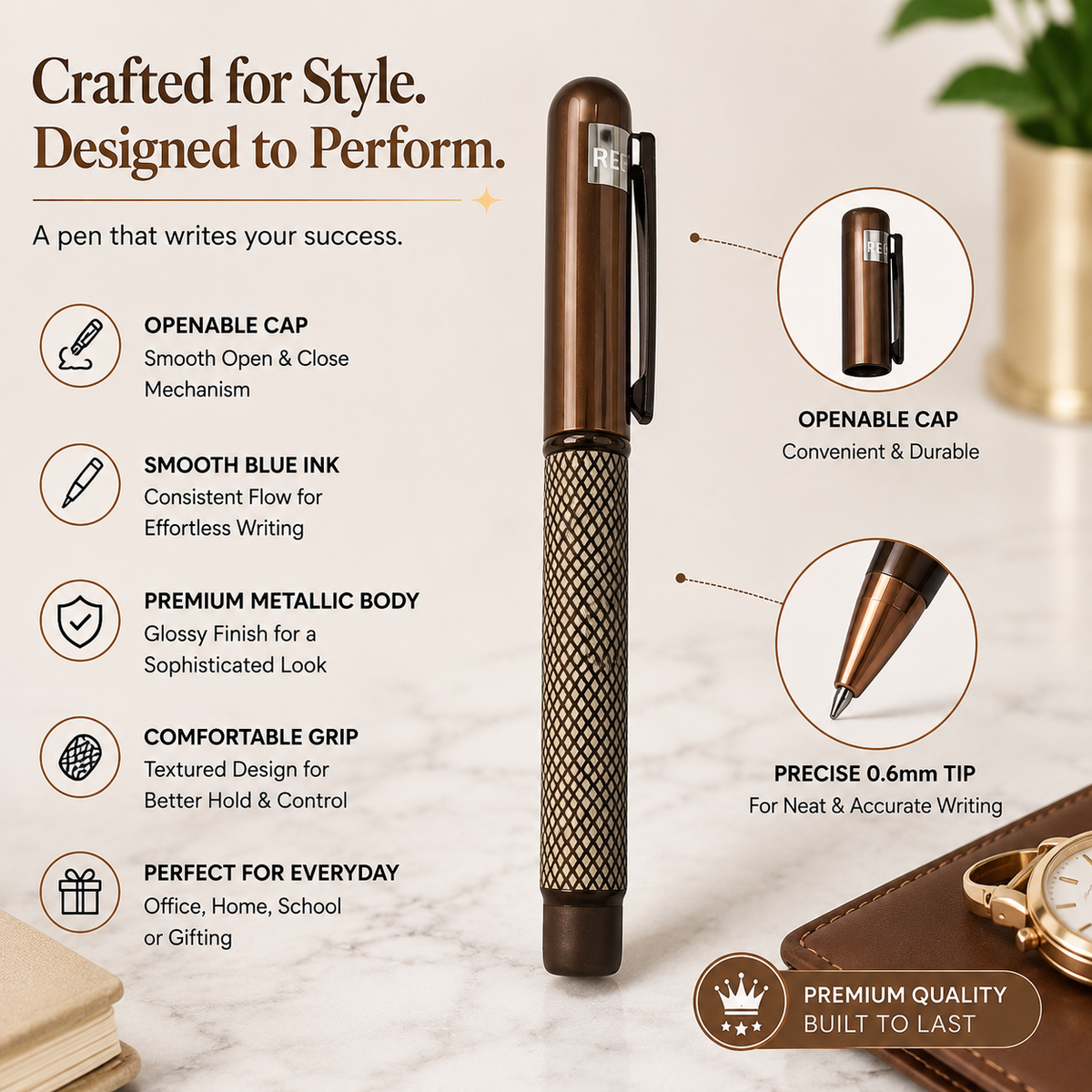 Ballpen Bazaar  Ballpen Bazaar Matt Coffee Ball Pen with Magnetic Cap, White Design, Black Ink, 1 Pen with Extra Refill with Name Engraving