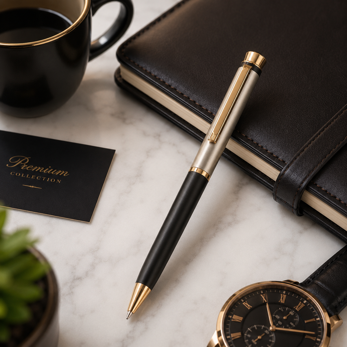 Ballpen Bazaar  Ballpen Bazaar Matt Cream & Black Dual Colour Ball Pen with Gold Clip and Diamond Top | Twist Mechanism | Blue Ink | Premium Metal Pen | 1 Pen with 1 Extra Blue Refill with Name Engraving