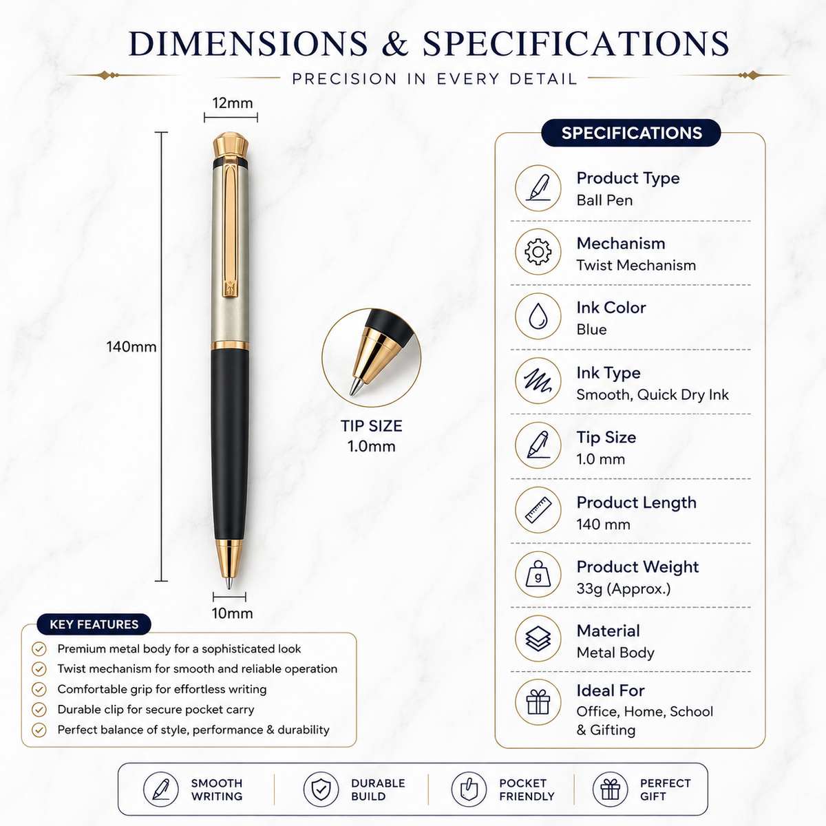 Ballpen Bazaar  Ballpen Bazaar Matt Cream & Black Dual Colour Ball Pen with Gold Clip and Diamond Top | Twist Mechanism | Blue Ink | Premium Metal Pen | 1 Pen with 1 Extra Blue Refill with Name Engraving