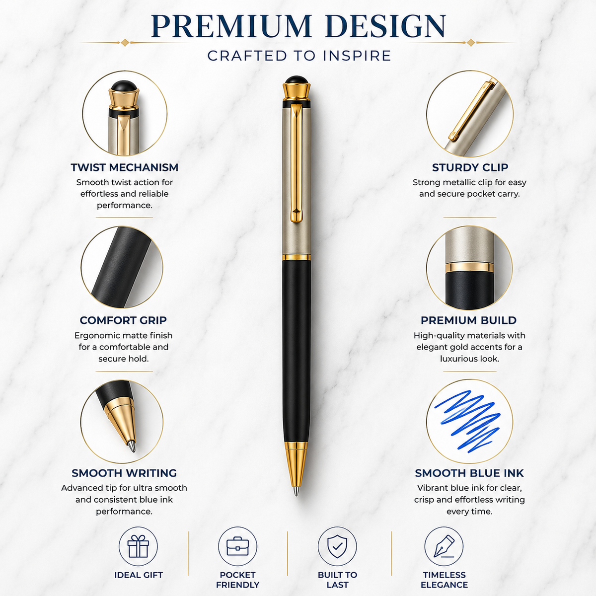 Ballpen Bazaar  Ballpen Bazaar Matt Cream & Black Dual Colour Ball Pen with Gold Clip and Diamond Top | Twist Mechanism | Blue Ink | Premium Metal Pen | 1 Pen with 1 Extra Blue Refill with Name Engraving