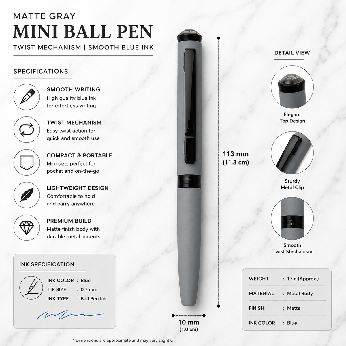 Ballpen Bazaar  Ballpen Bazaar Matt Gray Colour Body with Glossy Black Colour Clip Twist Mechanism Mini Ball Pen | Blue Ink | 1 Free Refill | 1 Pc with Name Engraving