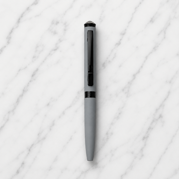 Ballpen Bazaar  Ballpen Bazaar Matt Gray Colour Body with Glossy Black Colour Clip Twist Mechanism Mini Ball Pen | Blue Ink | 1 Free Refill | 1 Pc with Name Engraving