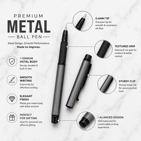 Ballpen Bazaar  Ballpen Bazaar Matt Gray Mini Metal Ball Pen with Matt Gray Cap & Glossy Black Clip | Openable Cap | Blue Ink | 1 Pen with 1 Extra Refill with Name Engraving