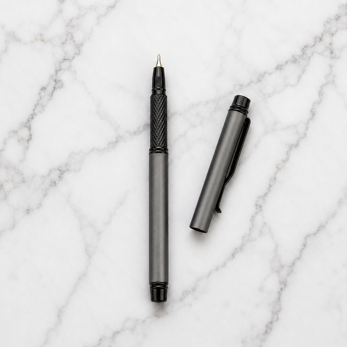 Ballpen Bazaar  Ballpen Bazaar Matt Gray Mini Metal Ball Pen with Matt Gray Cap & Glossy Black Clip | Openable Cap | Blue Ink | 1 Pen with 1 Extra Refill with Name Engraving