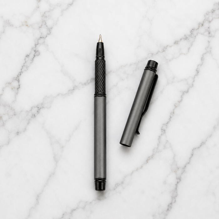 Ballpen Bazaar  Ballpen Bazaar Matt Gray Mini Metal Ball Pen with Matt Gray Cap & Glossy Black Clip | Openable Cap | Blue Ink | 1 Pen with 1 Extra Refill with Name Engraving