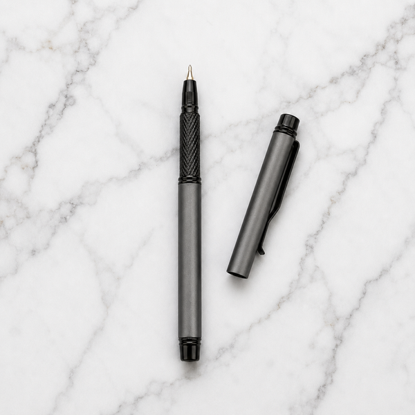 Ballpen Bazaar  Ballpen Bazaar Matt Gray Mini Metal Ball Pen with Matt Gray Cap & Glossy Black Clip | Openable Cap | Blue Ink | 1 Pen with 1 Extra Refill with Name Engraving