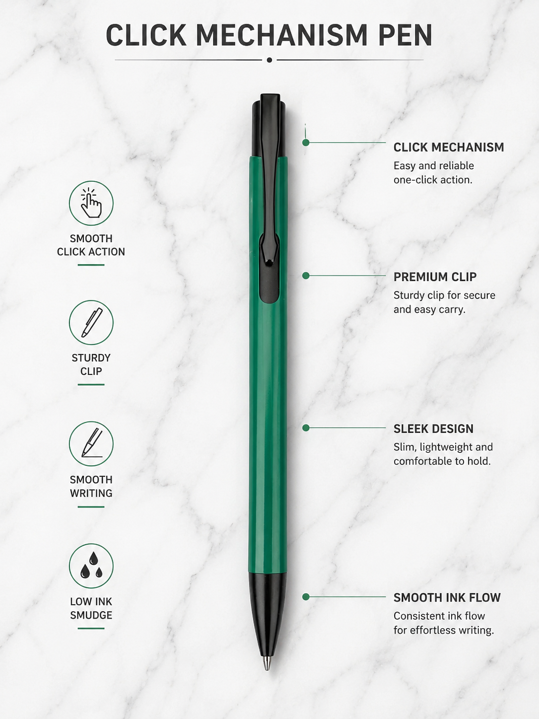 Ballpen Bazaar  Ballpen Bazaar Matt Green Ball Pen with Black Clip | Click Mechanism | Blue Ink | Premium Metal Writing Pen | 1 Pen with 1 Extra Blue Refill Free with Name Engraving