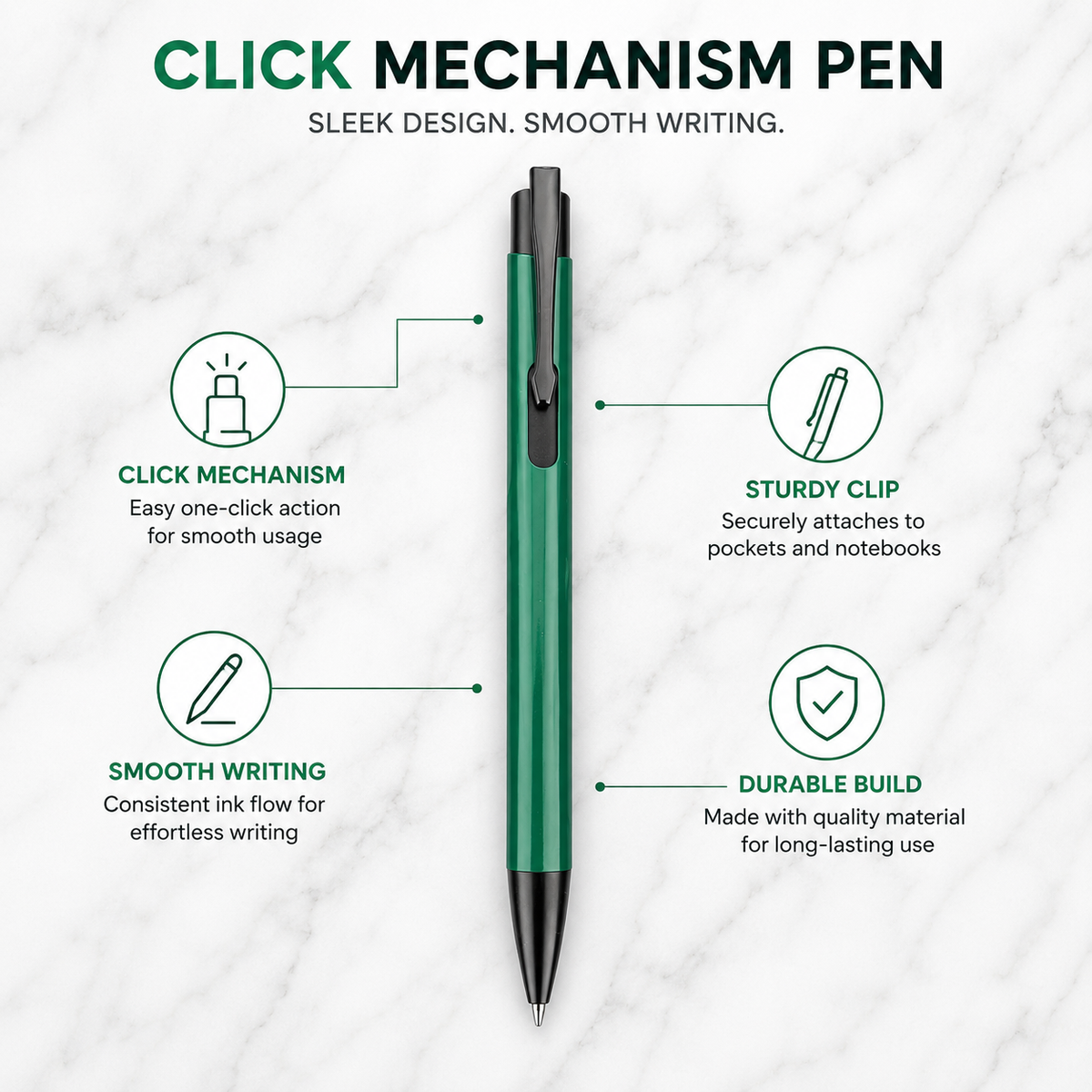 Ballpen Bazaar  Ballpen Bazaar Matt Green Ball Pen with Black Clip | Click Mechanism | Blue Ink | Premium Metal Writing Pen | 1 Pen with 1 Extra Blue Refill Free with Name Engraving