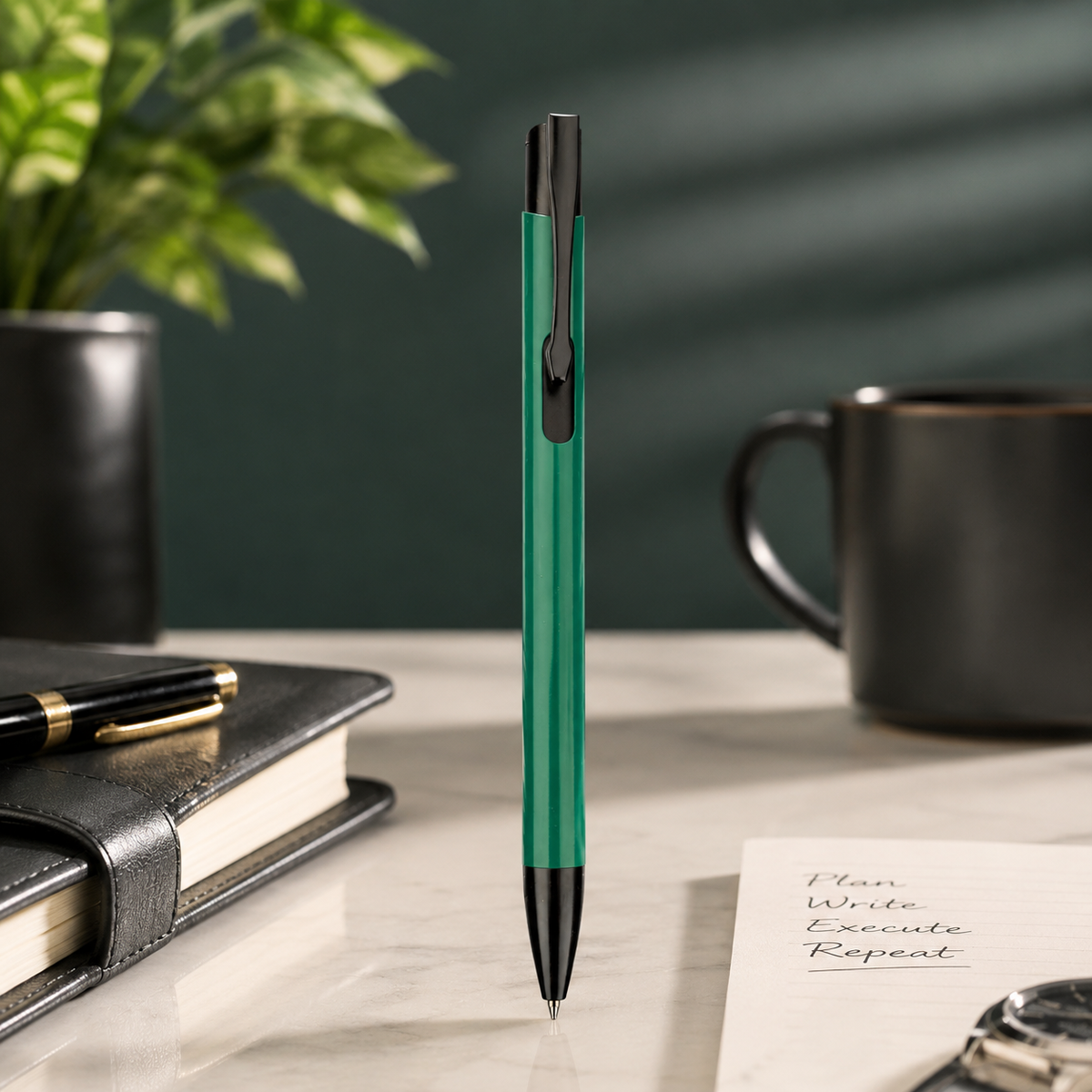 Ballpen Bazaar  Ballpen Bazaar Matt Green Ball Pen with Black Clip | Click Mechanism | Blue Ink | Premium Metal Writing Pen | 1 Pen with 1 Extra Blue Refill Free with Name Engraving