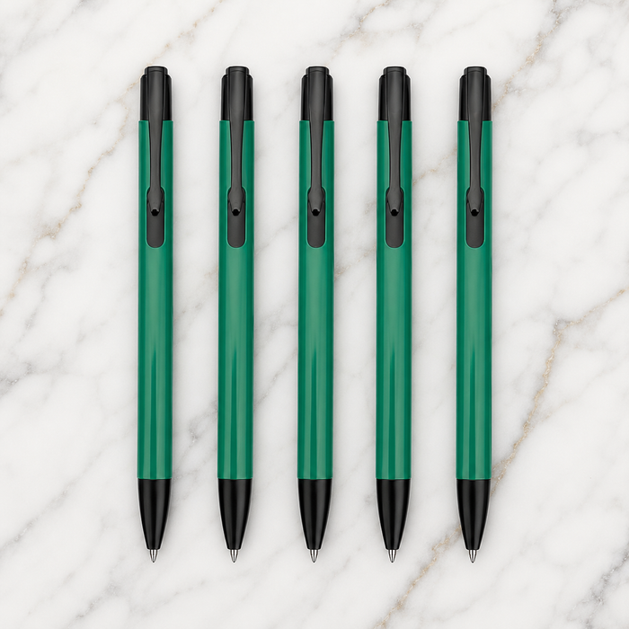 Ballpen Bazaar  Ballpen Bazaar Matt Green Colour Body with Glossy Black Colour Clip Click Mechanism Ball Pen Set of 5 with 5 Extra Blue Ink Refills with Name Engraving