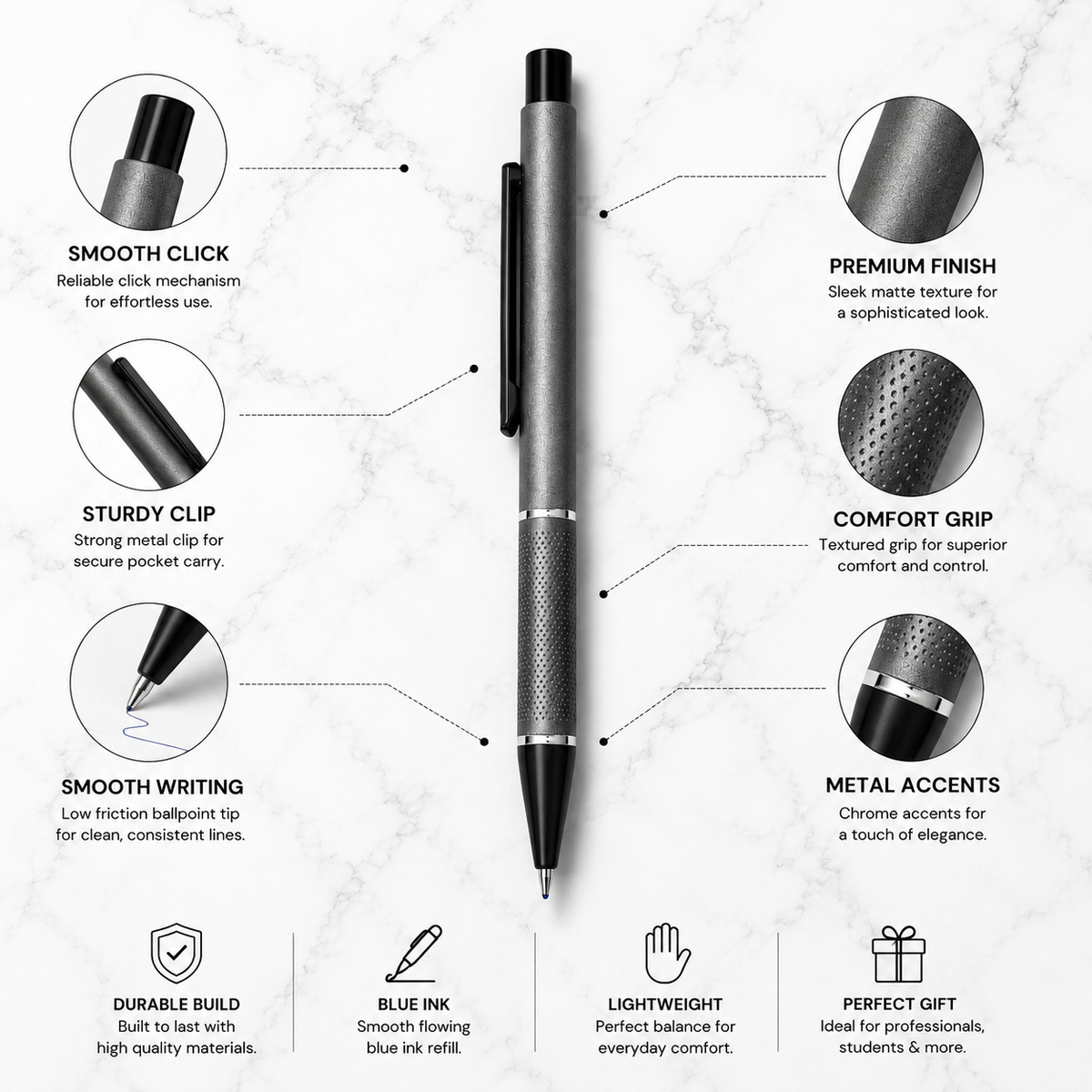 Ballpen Bazaar  Ballpen Bazaar Matt Gunmetal Body Ball Pen with Glossy Black Clip | Click Mechanism | Blue Ink | 1 Free Refill | 1 Pc with Name Engraving