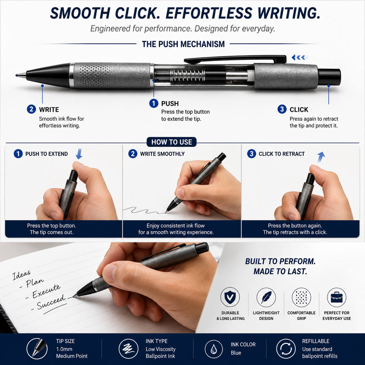 Ballpen Bazaar  Ballpen Bazaar Matt Gunmetal Body Ball Pen with Glossy Black Clip | Click Mechanism | Blue Ink | 1 Free Refill | 1 Pc with Name Engraving