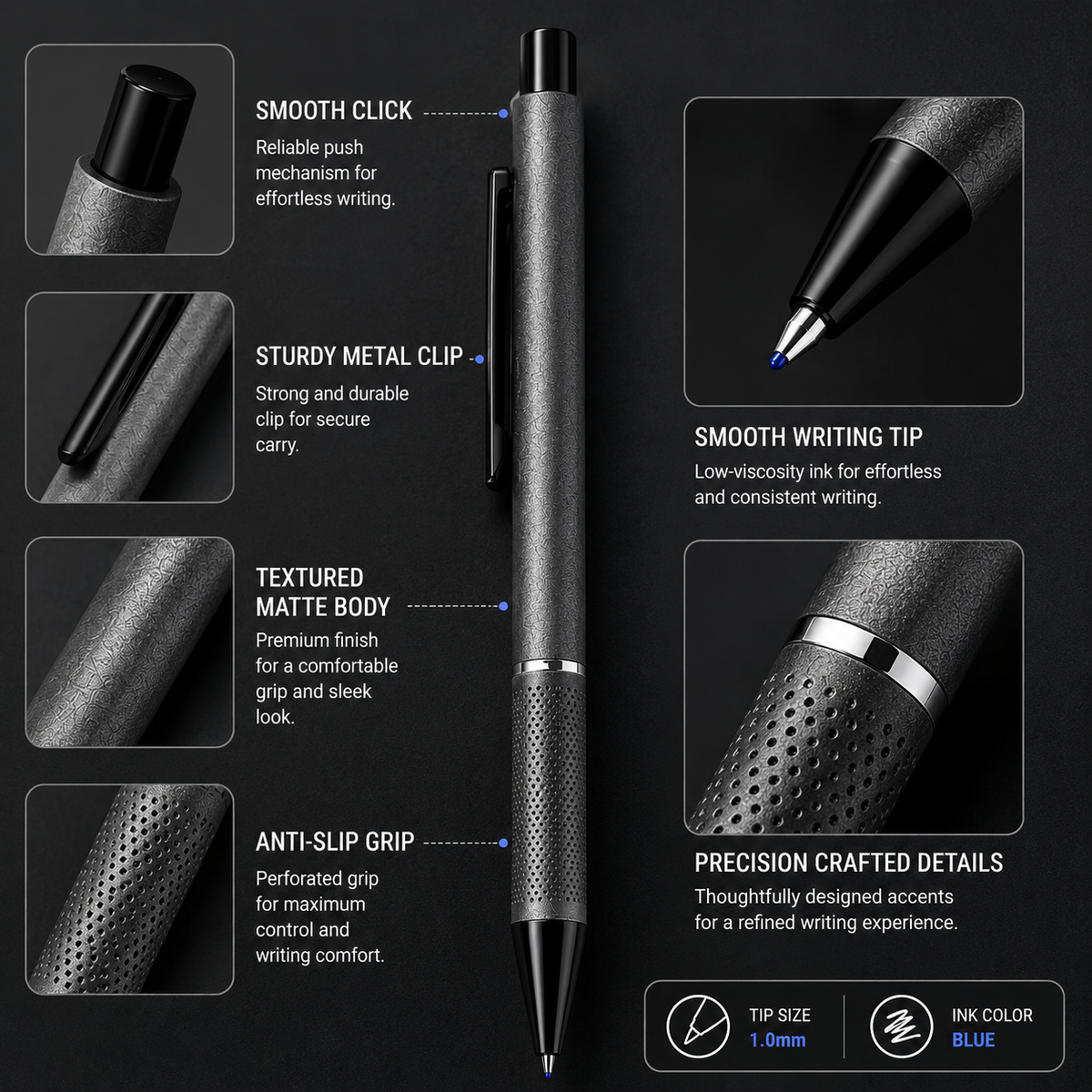 Ballpen Bazaar  Ballpen Bazaar Matt Gunmetal Body Ball Pen with Glossy Black Clip | Click Mechanism | Blue Ink | 1 Free Refill | 1 Pc with Name Engraving