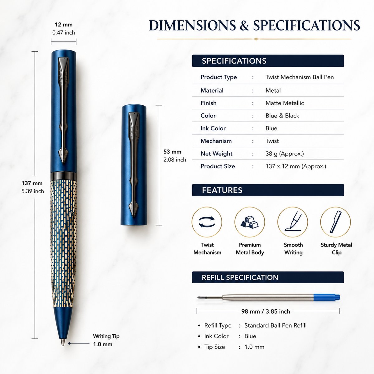Ballpen Bazaar  Ballpen Bazaar Matt Pearl Blue Ball Pen with Blue Grid Design & Glossy Blue Clip | Twist Mechanism | Blue Ink | 1 Pen with 1 Free Extra Refill with Name Engraving