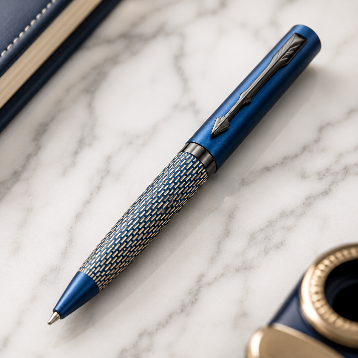 Ballpen Bazaar  Ballpen Bazaar Matt Pearl Blue Ball Pen with Blue Grid Design & Glossy Blue Clip | Twist Mechanism | Blue Ink | 1 Pen with 1 Free Extra Refill with Name Engraving