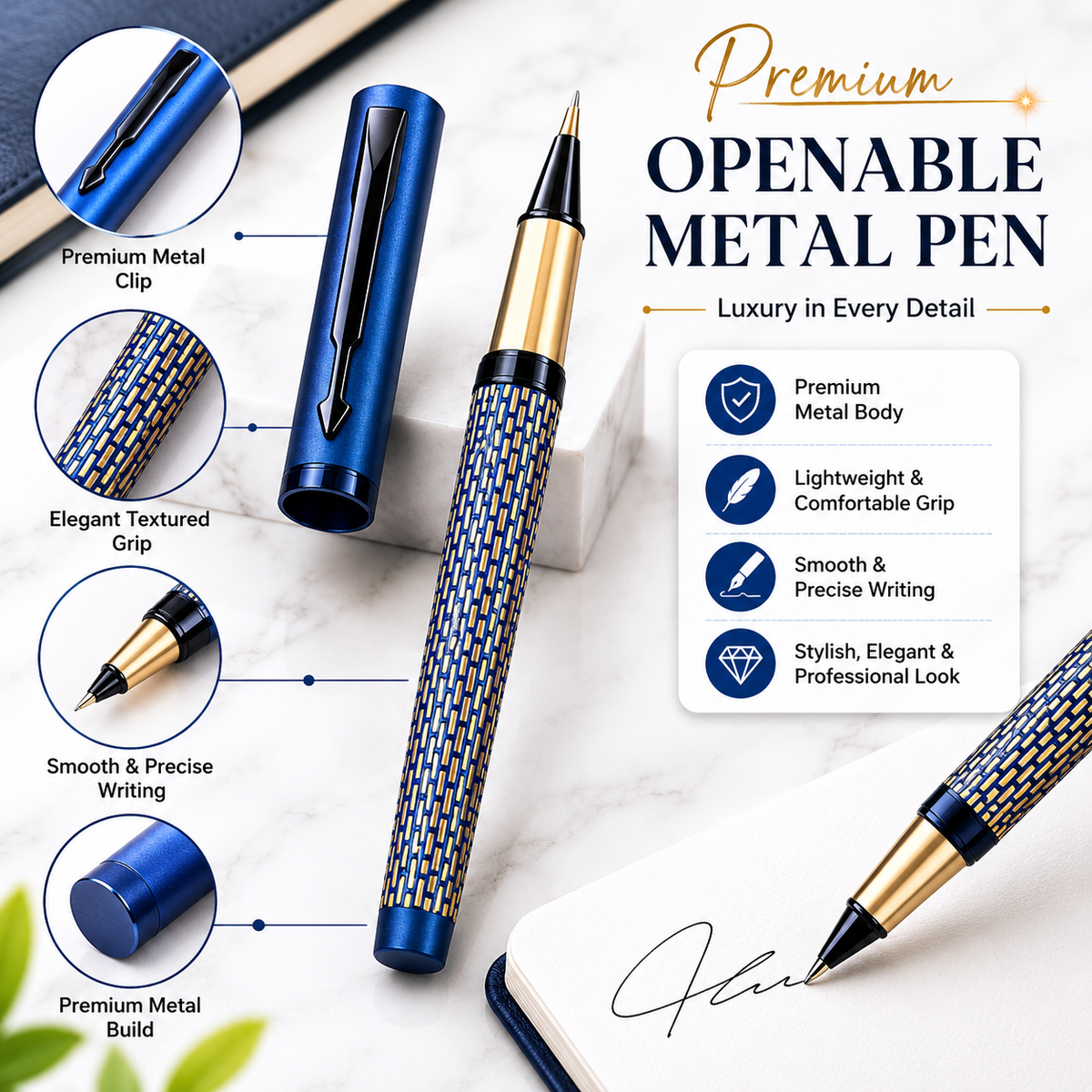 Ballpen Bazaar  Ballpen Bazaar Matt Pearl White Ball Pen with Blue Grid Design & Glossy Blue Clip | Openable Cap Mechanism | Blue Ink Metal Pen | 1 Pen with 1 Free Blue Refill with Name Engraving