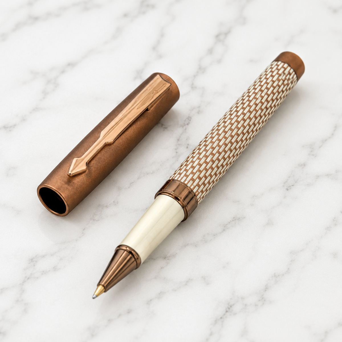 Ballpen Bazaar  Ballpen Bazaar Matt Pearl White Ball Pen with Brown Grid Design & Glossy Brown Clip | Openable Cap Mechanism | Blue Ink | 1 Pen with 1 Free Extra Refill with Name Engraving