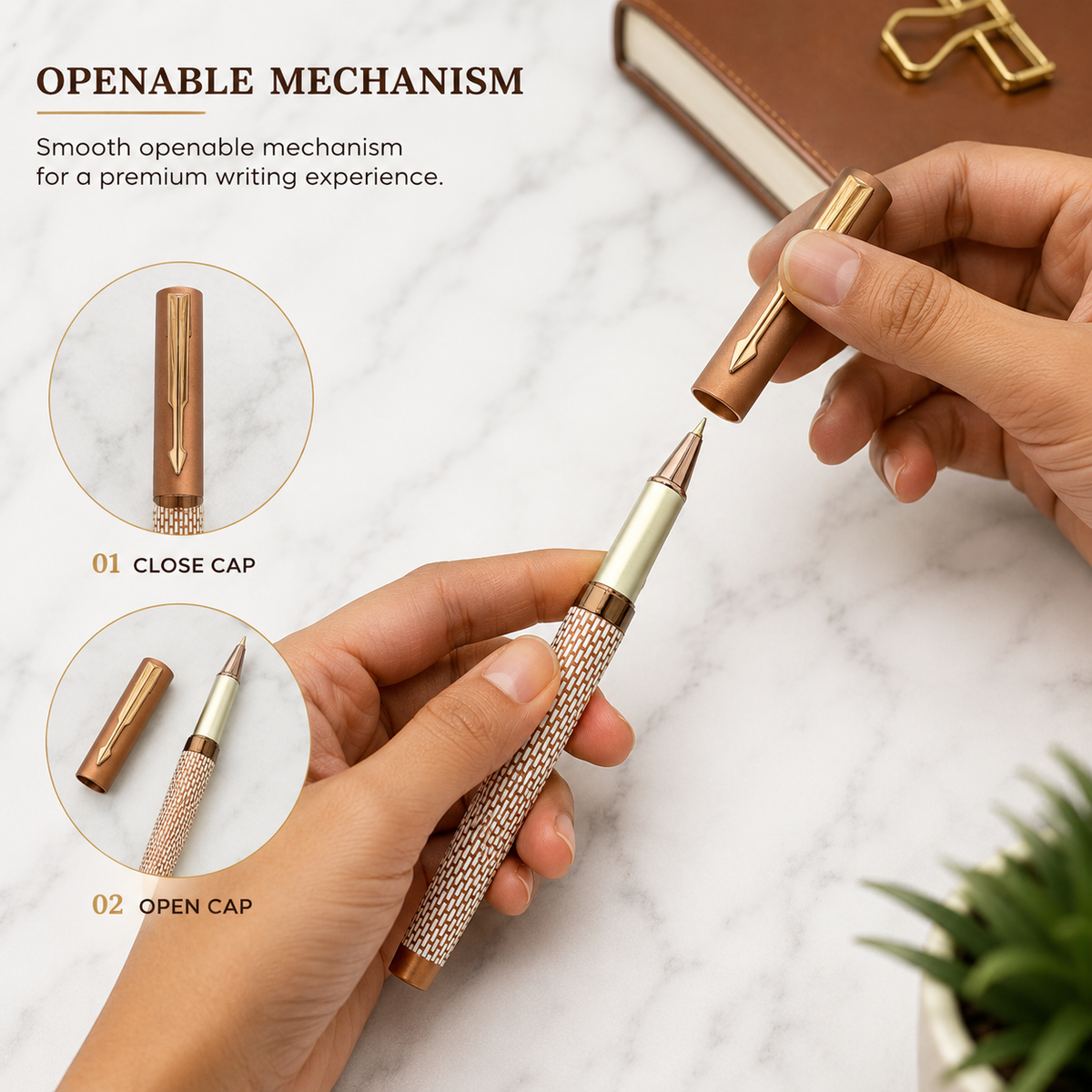 Ballpen Bazaar  Ballpen Bazaar Matt Pearl White Ball Pen with Brown Grid Design & Glossy Brown Clip | Openable Cap Mechanism | Blue Ink | 1 Pen with 1 Free Extra Refill with Name Engraving