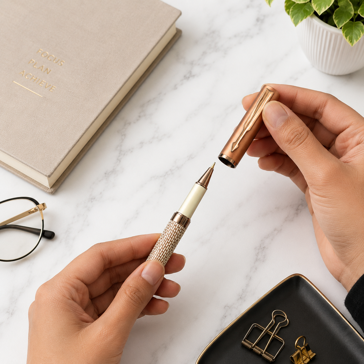 Ballpen Bazaar  Ballpen Bazaar Matt Pearl White Ball Pen with Brown Grid Design & Glossy Brown Clip | Openable Cap Mechanism | Blue Ink | 1 Pen with 1 Free Extra Refill with Name Engraving