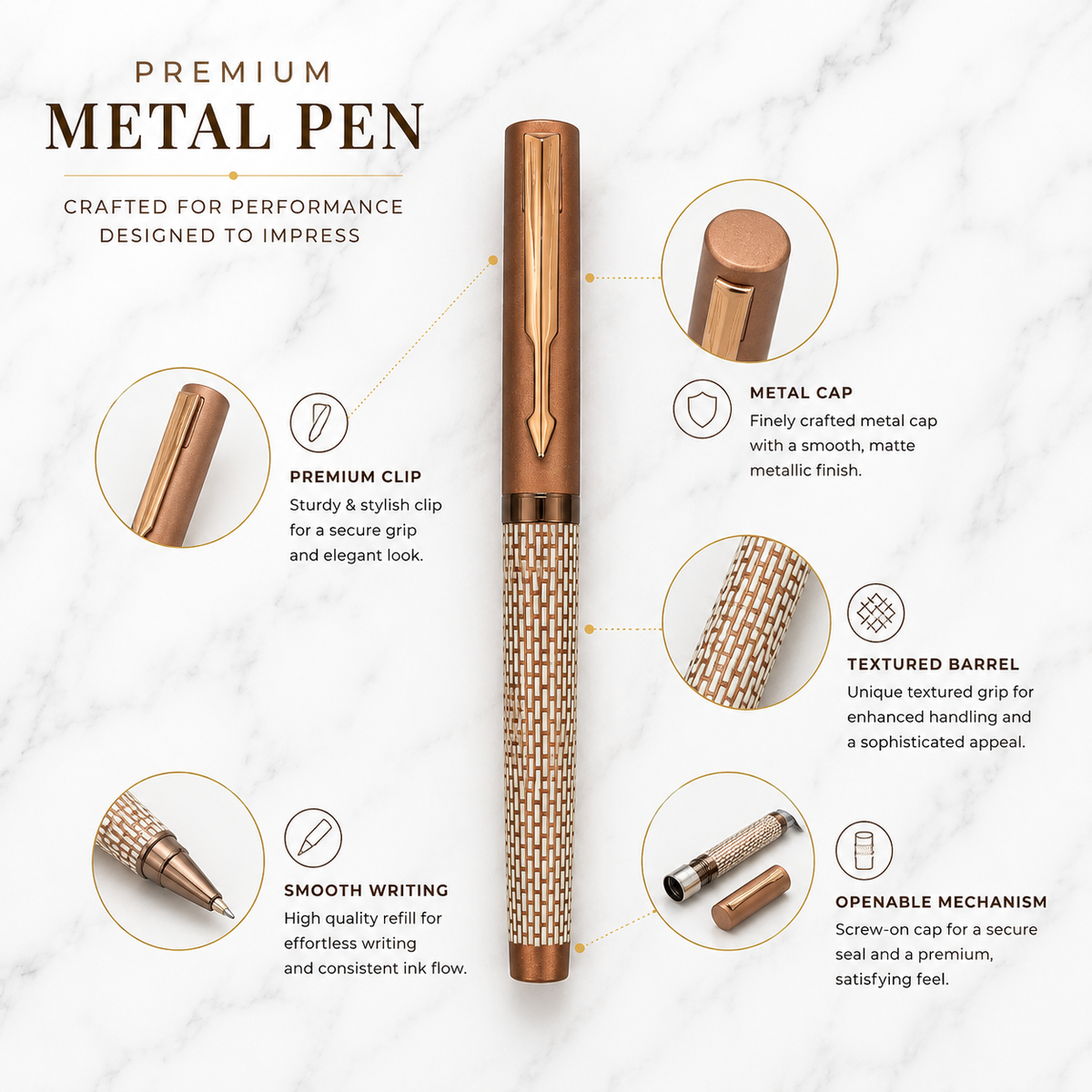 Ballpen Bazaar  Ballpen Bazaar Matt Pearl White Ball Pen with Brown Grid Design & Glossy Brown Clip | Openable Cap Mechanism | Blue Ink | 1 Pen with 1 Free Extra Refill with Name Engraving
