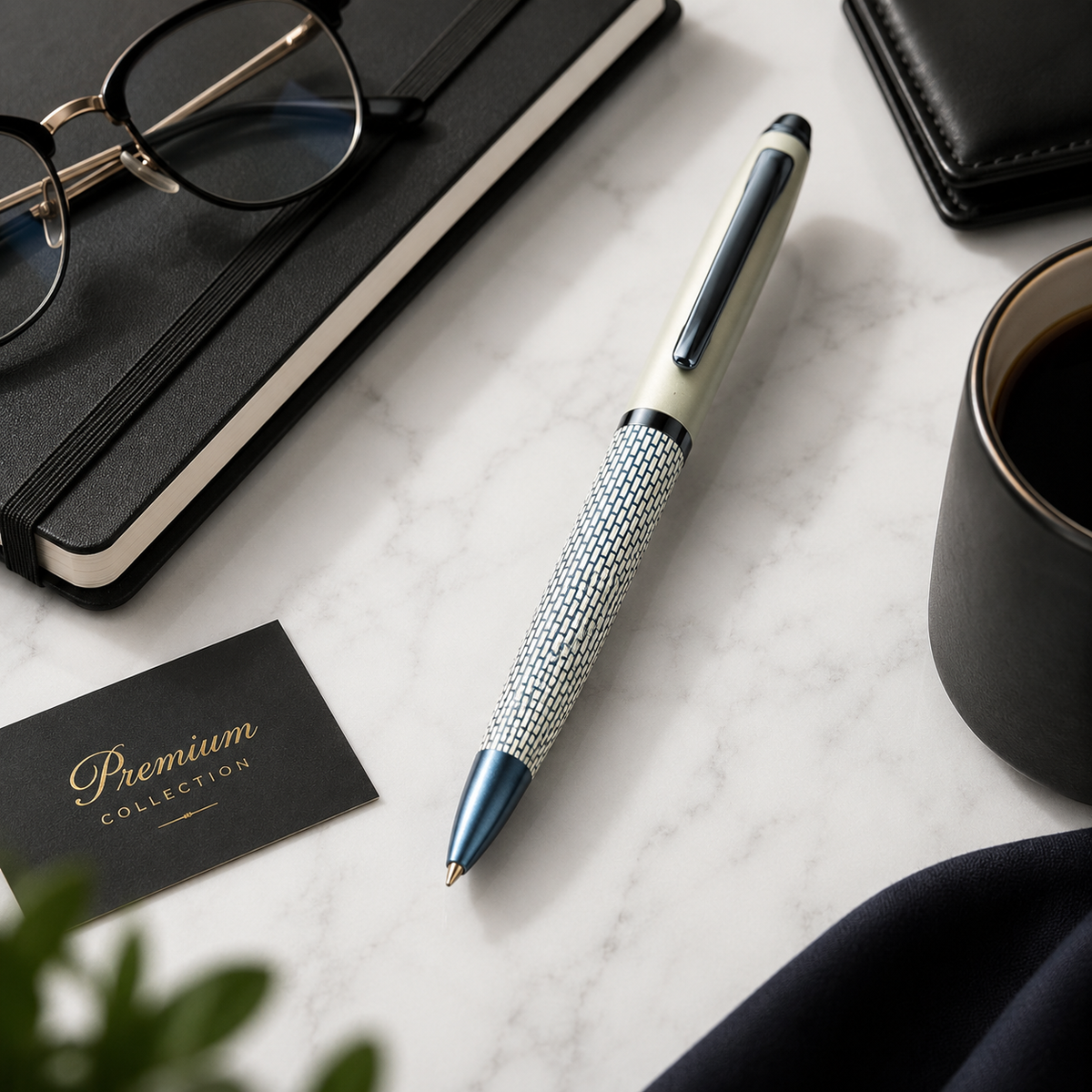 Ballpen Bazaar  Ballpen Bazaar Matt Pearl White & Blue Grid Design Ball Pen with Glossy Brown Clip | Twist Mechanism | Blue Ink | Premium Metal Pen with 1 Free Extra Refill | Pack of 1 with Name Engraving