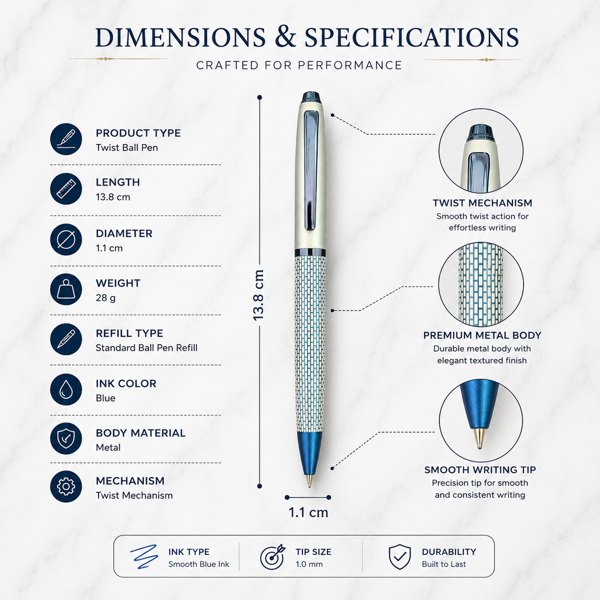 Ballpen Bazaar  Ballpen Bazaar Matt Pearl White & Blue Grid Design Ball Pen with Glossy Brown Clip | Twist Mechanism | Blue Ink | Premium Metal Pen with 1 Free Extra Refill | Pack of 1 with Name Engraving