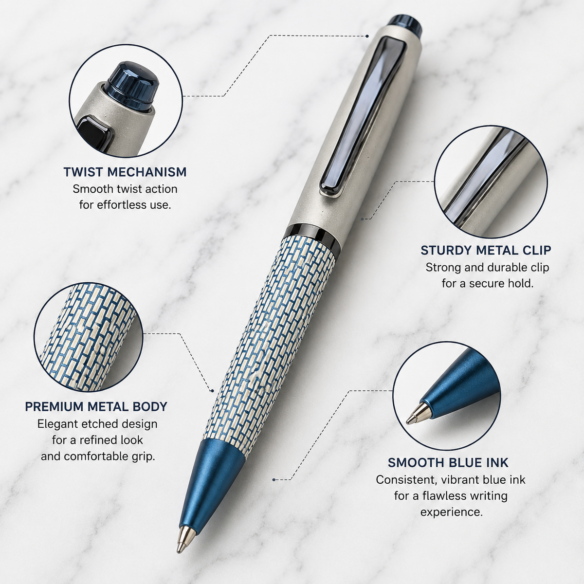 Ballpen Bazaar  Ballpen Bazaar Matt Pearl White & Blue Grid Design Ball Pen with Glossy Brown Clip | Twist Mechanism | Blue Ink | Premium Metal Pen with 1 Free Extra Refill | Pack of 1 with Name Engraving