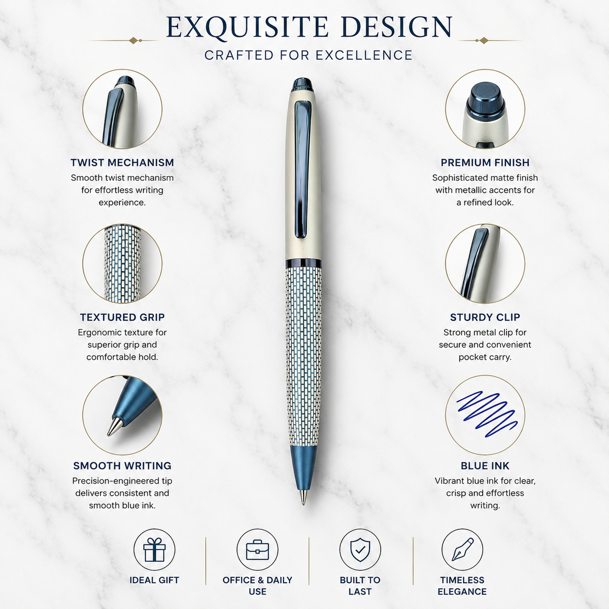 Ballpen Bazaar  Ballpen Bazaar Matt Pearl White & Blue Grid Design Ball Pen with Glossy Brown Clip | Twist Mechanism | Blue Ink | Premium Metal Pen with 1 Free Extra Refill | Pack of 1 with Name Engraving