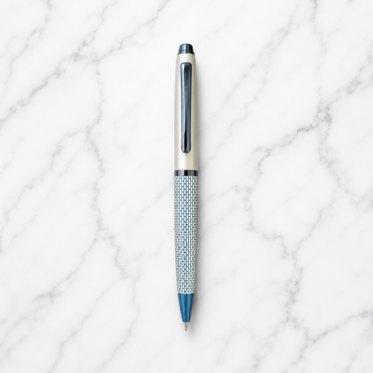 Ballpen Bazaar  Ballpen Bazaar Matt Pearl White & Blue Grid Design Ball Pen with Glossy Brown Clip | Twist Mechanism | Blue Ink | Premium Metal Pen with 1 Free Extra Refill | Pack of 1 with Name Engraving