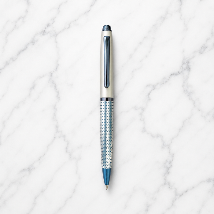 Ballpen Bazaar  Ballpen Bazaar Matt Pearl White & Blue Grid Design Ball Pen with Glossy Brown Clip | Twist Mechanism | Blue Ink | Premium Metal Pen with 1 Free Extra Refill | Pack of 1 with Name Engraving
