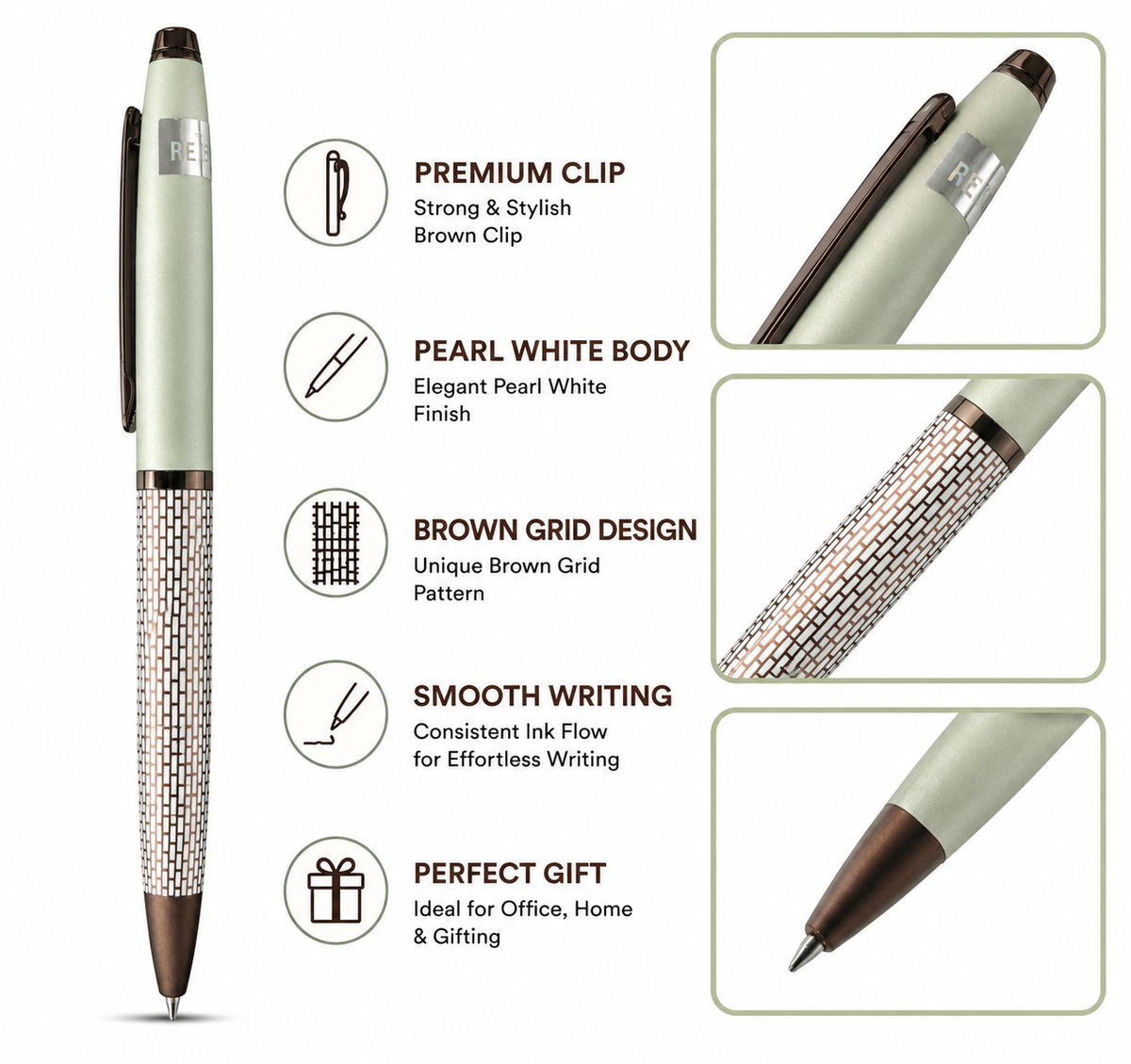 Ballpen Bazaar  Ballpen Bazaar Matt Pearl White & Brown Grid Design Ball Pen with Glossy Brown Clip | Twist Mechanism | Blue Ink | 1 Premium Metal Pen with 1 Extra Blue Refill Free with Name Engraving
