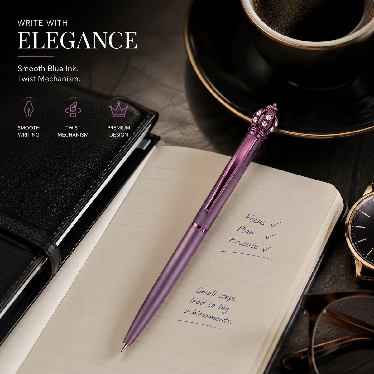 Ballpen Bazaar  Ballpen Bazaar Matt Purple Ball Pen with Purple Clip & Crown Top Twist Mechanism Blue Ink Metal Pen with 1 Extra Refill for Office, Business, Students & Gifting with Name Engraving