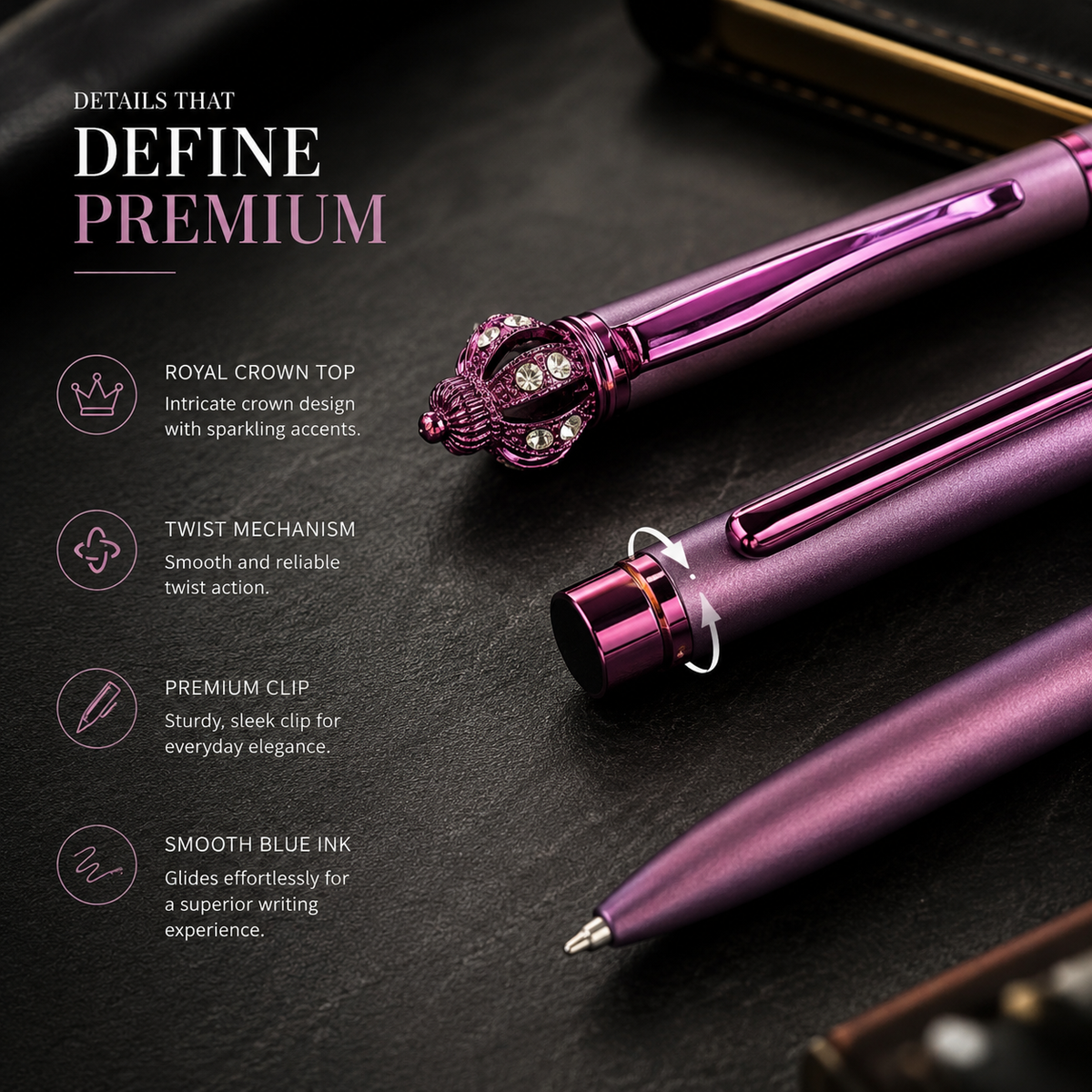 Ballpen Bazaar  Ballpen Bazaar Matt Purple Ball Pen with Purple Clip & Crown Top Twist Mechanism Blue Ink Metal Pen with 1 Extra Refill for Office, Business, Students & Gifting with Name Engraving