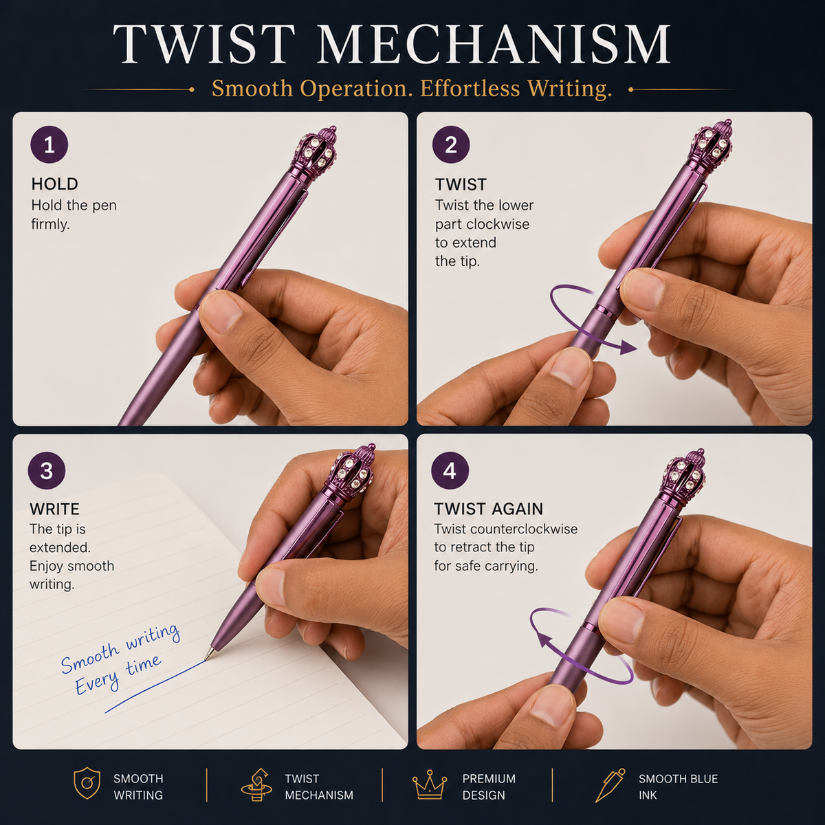 Ballpen Bazaar  Ballpen Bazaar Matt Purple Ball Pen with Purple Clip & Crown Top Twist Mechanism Blue Ink Metal Pen with 1 Extra Refill for Office, Business, Students & Gifting with Name Engraving